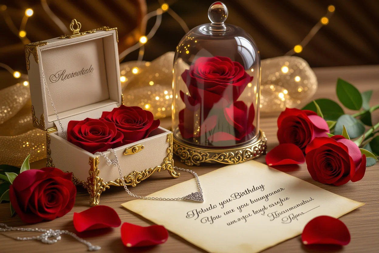 Elegant romantic gift arrangement with preserved roses and jewelry for her birthday