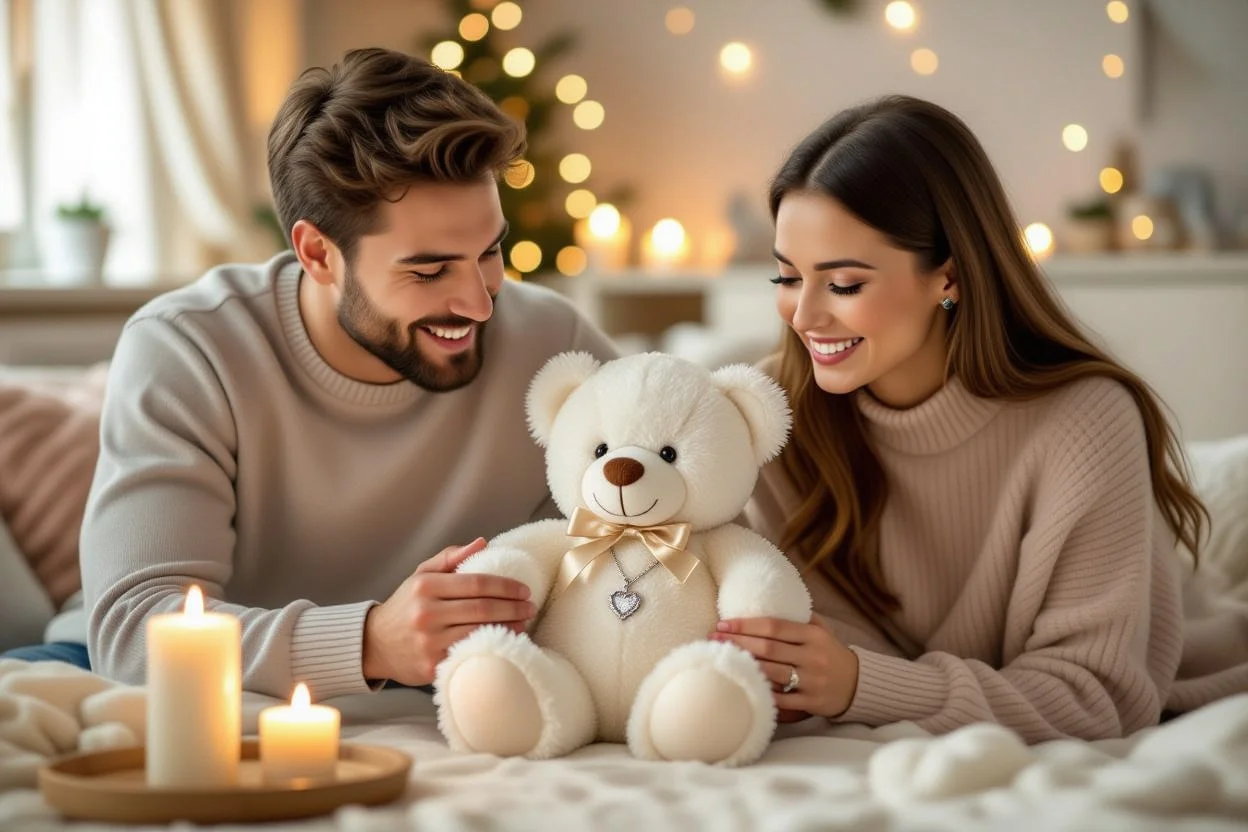 Couple sharing romantic surprise moment with teddy bear gift containing hidden necklace
