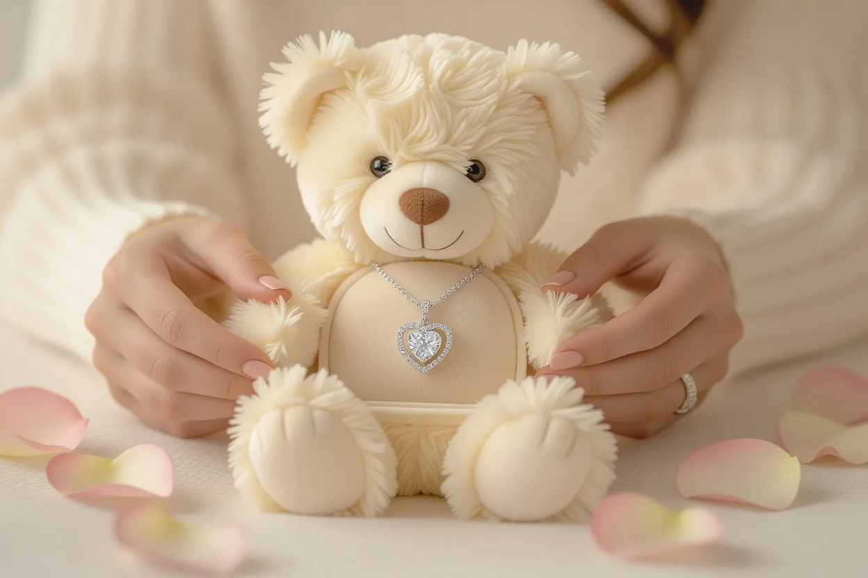Close-up of hidden necklace compartment inside romantic teddy bear gift surprise