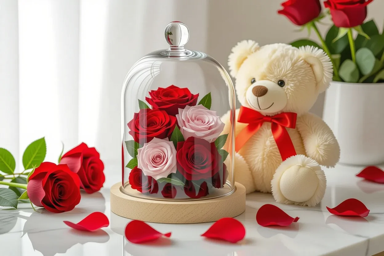 Preserved flowers in glass dome with teddy bear - lasting romantic gift set
