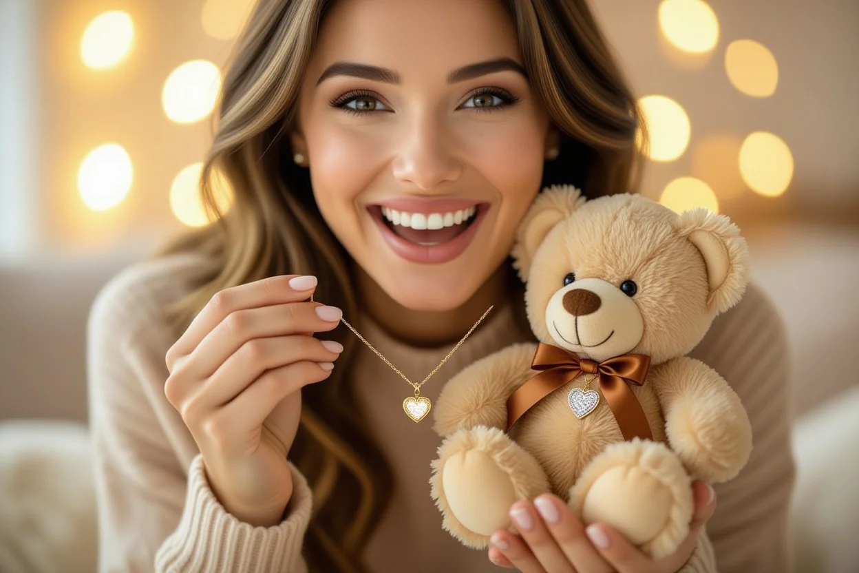 Woman discovering hidden necklace in teddy bear gift - surprise moment reaction