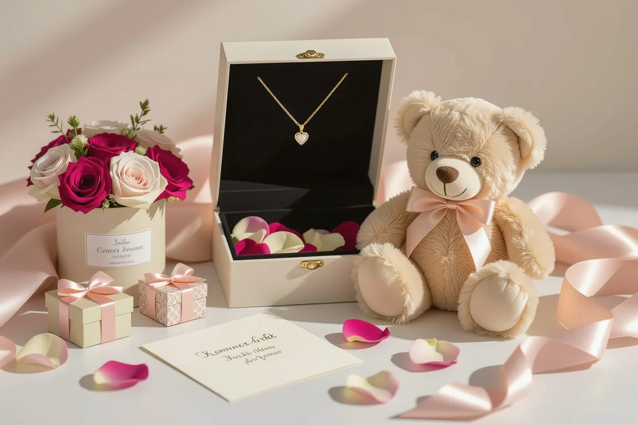 Romantic gift set flat lay with teddy bear, hidden necklace, and preserved flowers