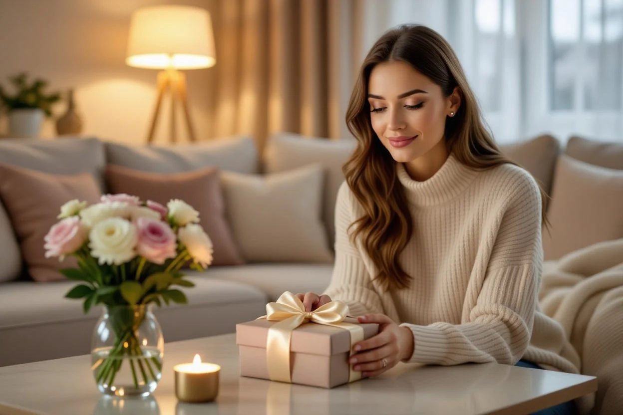 Romantic surprise gift for girlfriend at home after work day