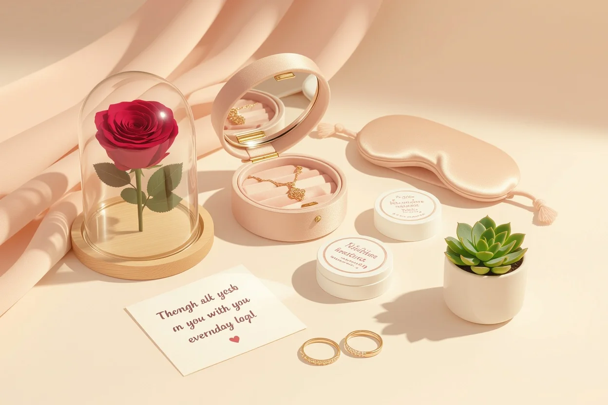 Collection of unique daily gifts for girlfriend including preserved flowers and personalized items