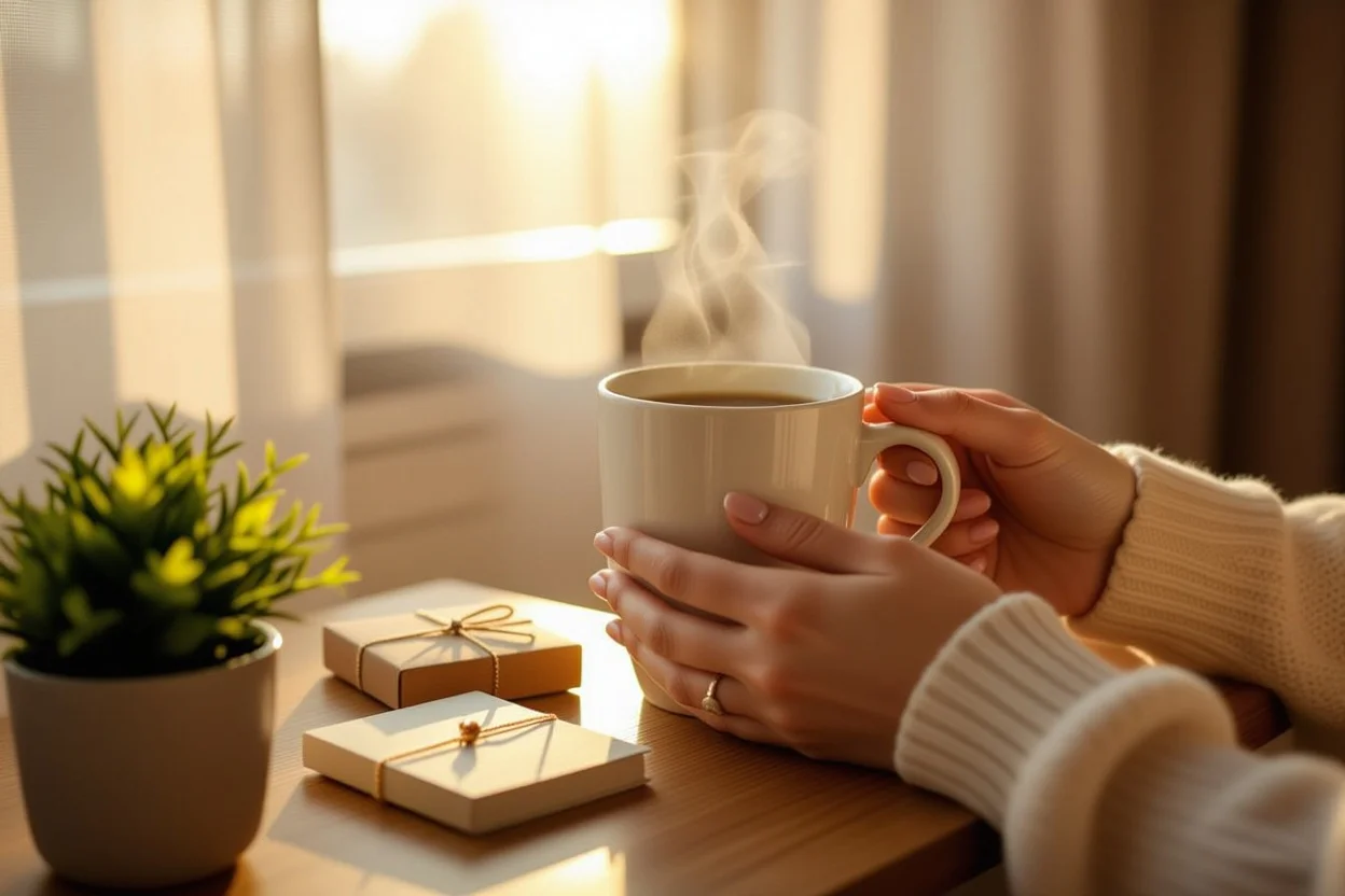 Morning surprise gift moment with coffee showing thoughtful romantic gesture