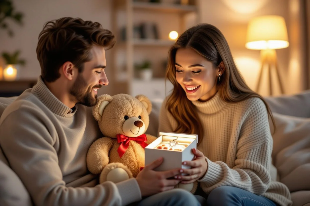 Couple sharing romantic surprise gift moment with teddy bear containing hidden jewelry