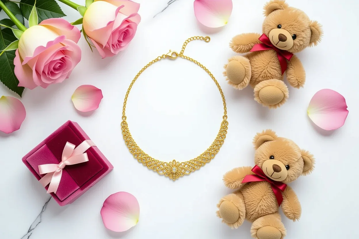 Luxury 18k gold necklace romantic gift arrangement with teddy bear and rose petals