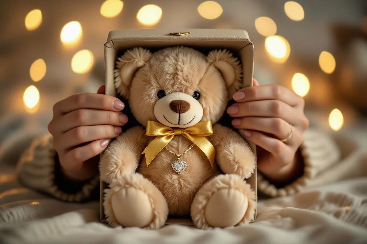Hands revealing hidden gold necklace surprise inside teddy bear romantic gift