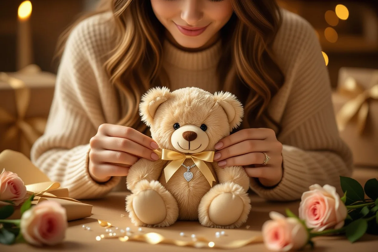 Woman discovering hidden necklace inside teddy bear romantic surprise gift moment