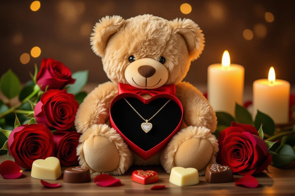 Romantic gift setup with teddy bear hidden necklace surprise for anniversary or Valentine's Day