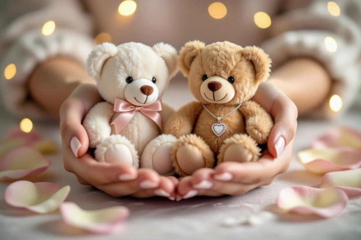 Close-up of hands holding teddy bear and hidden necklace romantic surprise gift for her