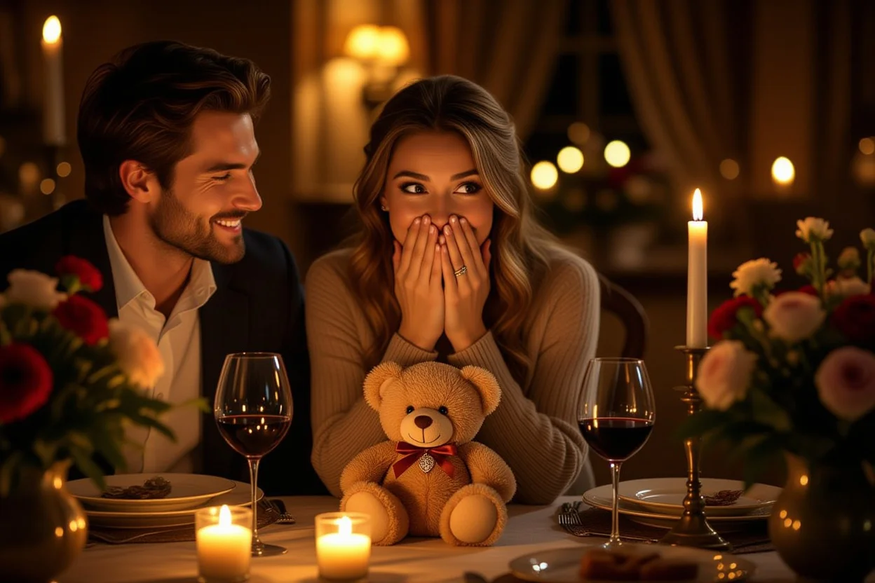Couple celebrating anniversary with surprise romantic gift teddy bear necklace reveal moment