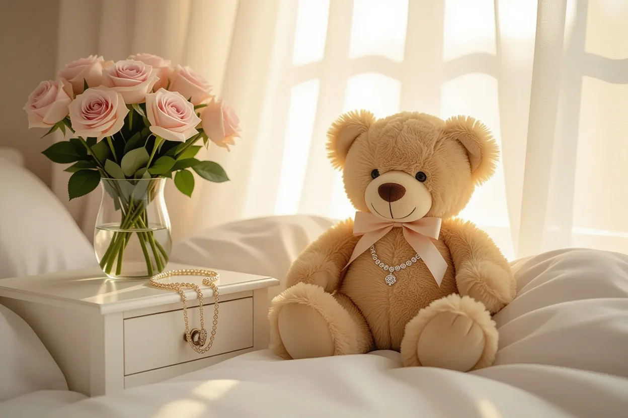 Romantic bedroom setting with teddy bear and necklace surprise gift for girlfriend wife