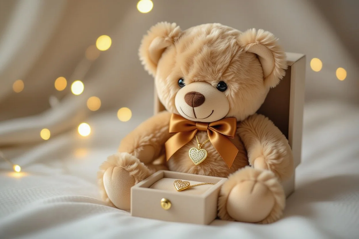 Teddy bear with hidden necklace compartment revealing gold heart jewelry surprise gift