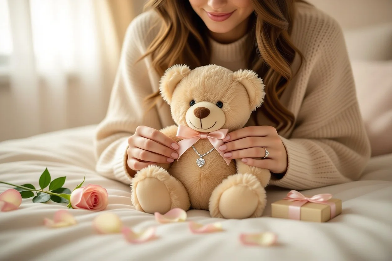 Woman discovering hidden necklace surprise inside teddy bear romantic gift moment