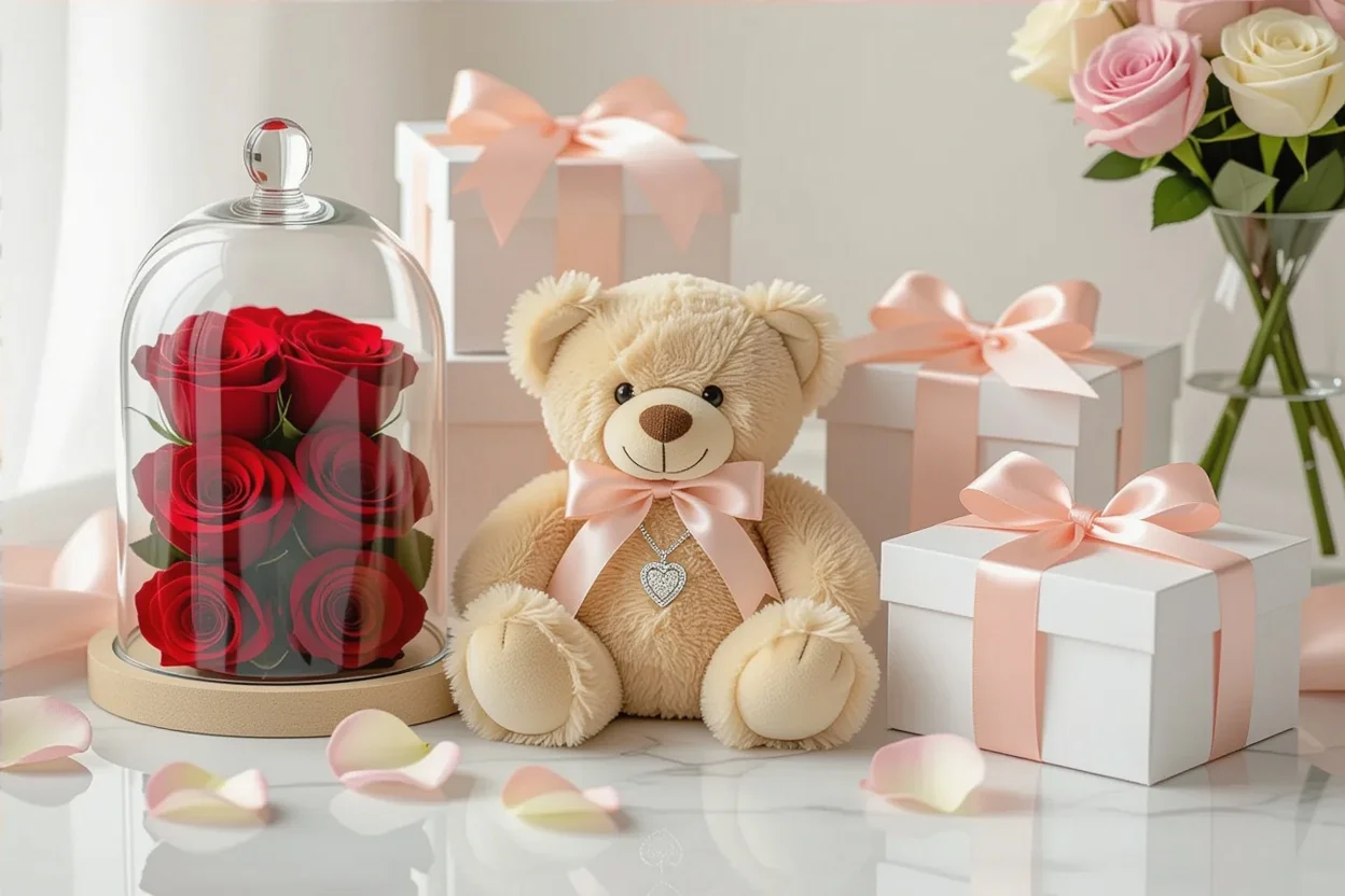 Romantic gift collection flat lay with teddy bear necklace and preserved roses arrangement