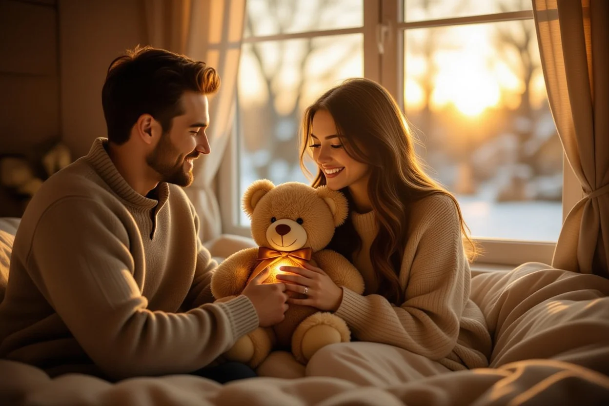 Couple sharing romantic teddy bear with hidden necklace gift giving moment