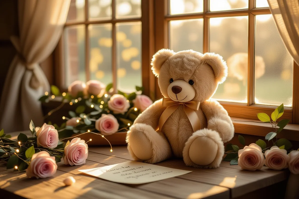 Mountova teddy bear romantic gift with preserved roses and fairy lights in golden sunlight