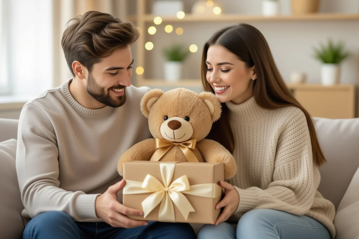 Couple sharing romantic surprise moment with Mountova teddy bear gift on couch