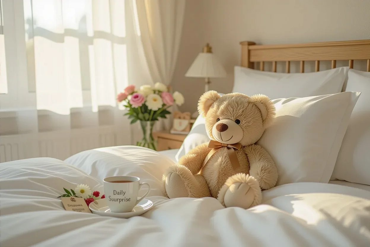 Mountova teddy bear on bed with morning light and tea cup representing daily joy and comfort