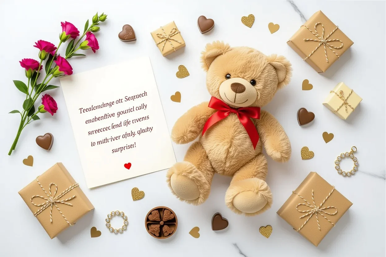 Mountova teddy bear flat lay with romantic gifts preserved flowers and love letters on marble