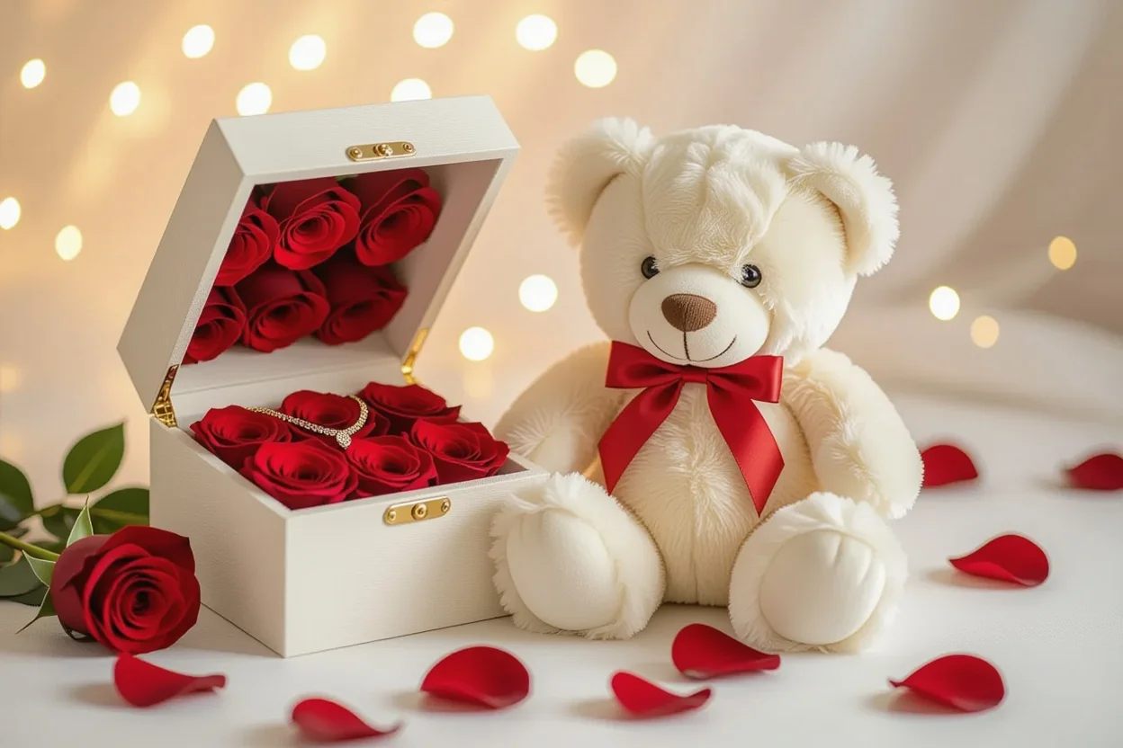 Teddy bear with hidden compartment revealing preserved roses and jewelry - romantic Valentine's Day surprise gift