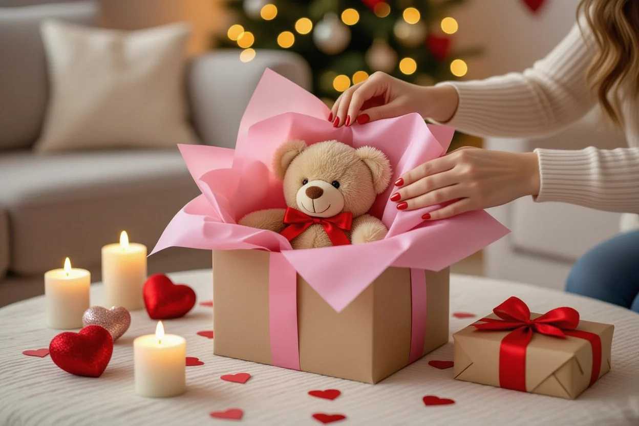 Woman opening Valentine's Day gift package containing surprise teddy bear with romantic home setting
