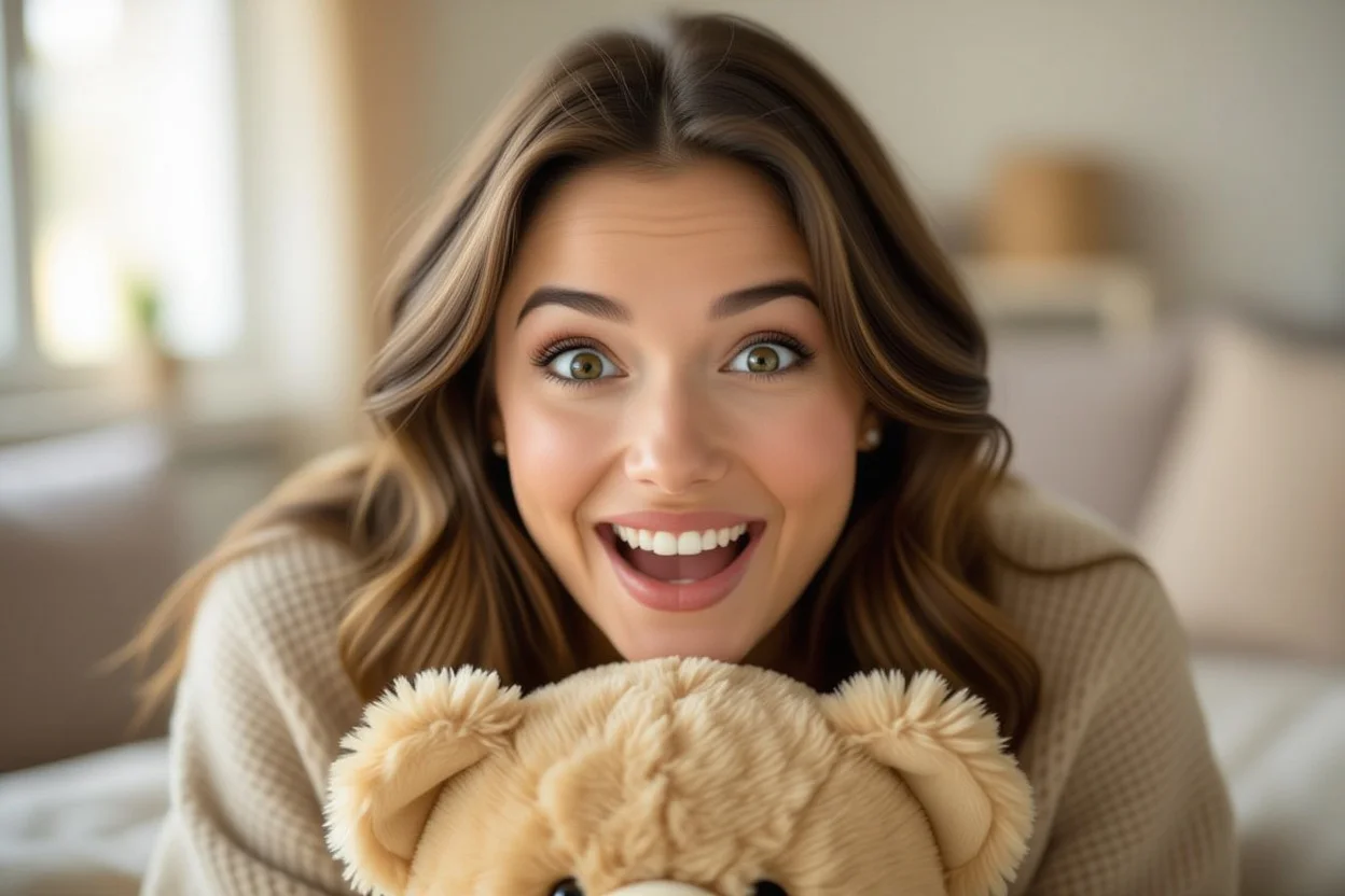 Woman's surprised and delighted reaction to discovering hidden surprise in Valentine's Day teddy bear gift