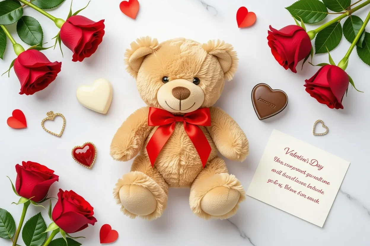 Romantic Valentine's Day gift collection featuring special teddy bear with hidden compartment and luxury romantic presents