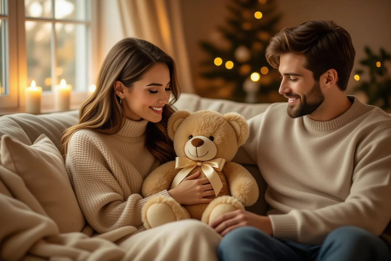 Couple sharing intimate moment with premium teddy bear romantic gift on cozy couch