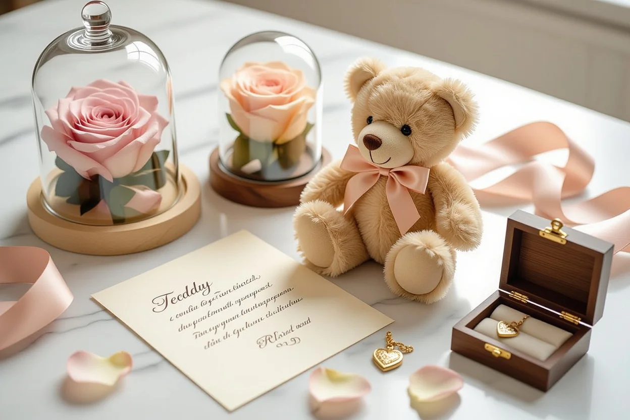 Elegant flat lay of lasting romantic gifts featuring luxury teddy bear and preserved flowers