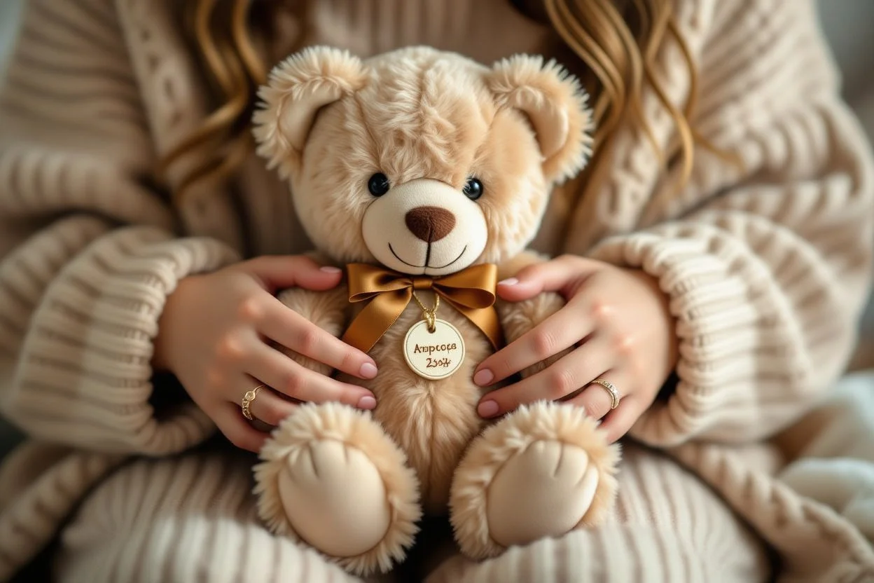 Hands tenderly holding handcrafted luxury teddy bear with personalized details