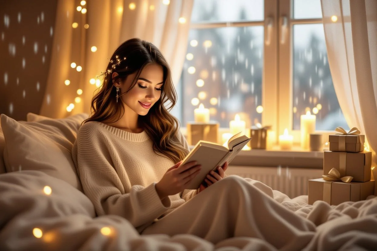 Romantic living room with fairy lights and cozy atmosphere for anniversary gift surprise