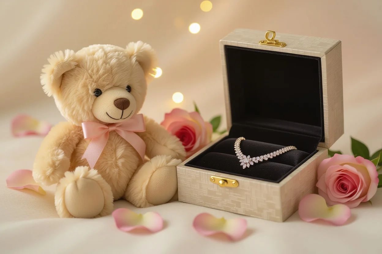 Luxury teddy bear gift with hidden necklace compartment and romantic rose petals