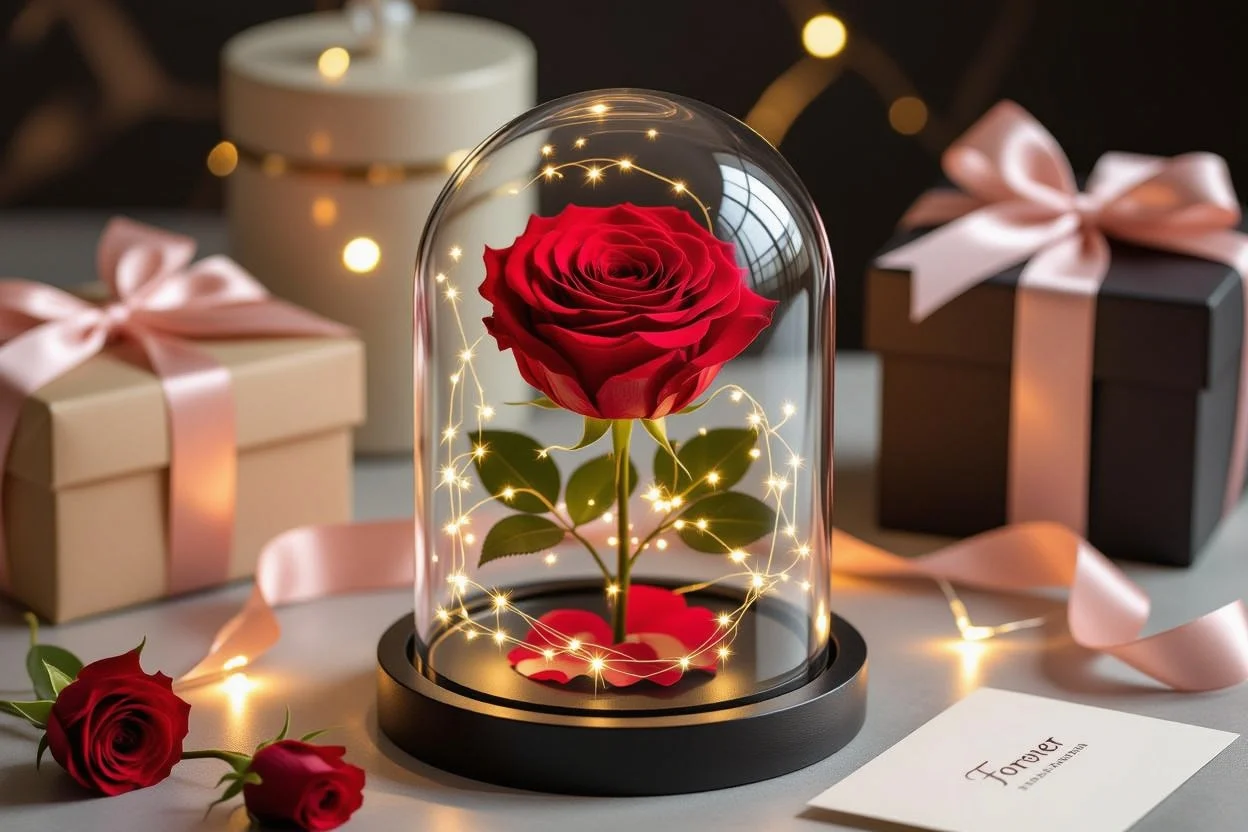 Elegant preserved rose in glass dome romantic anniversary gift presentation