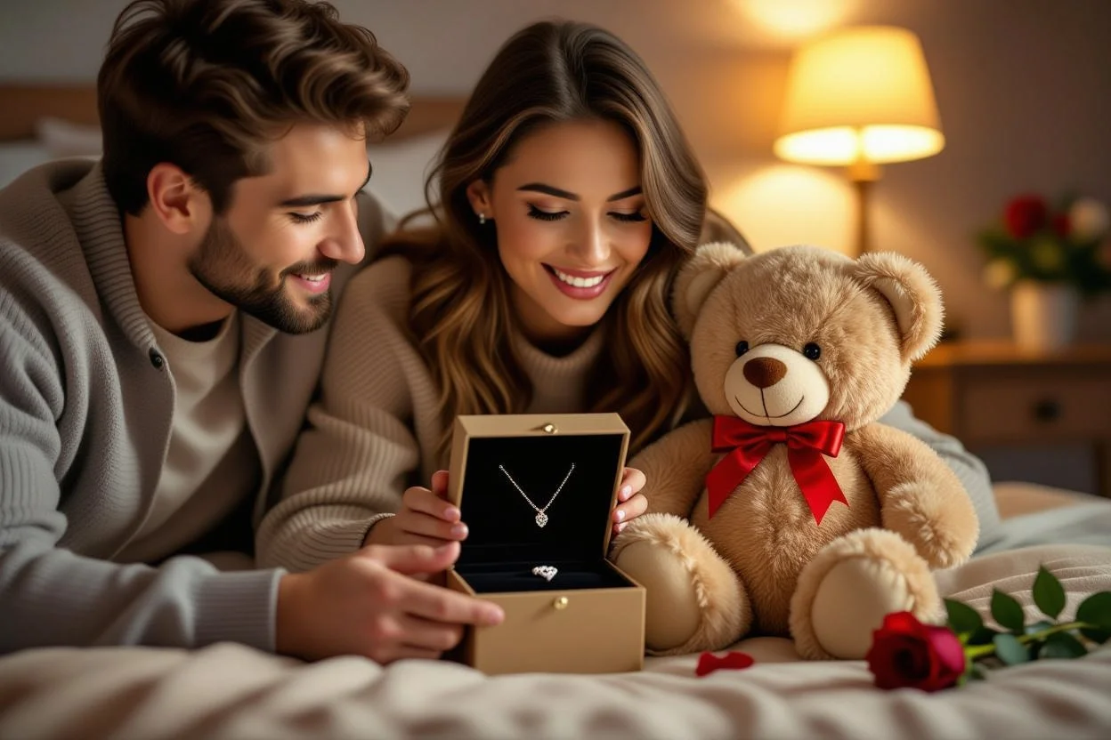 Couple sharing romantic surprise moment with teddy bear necklace gift reveal