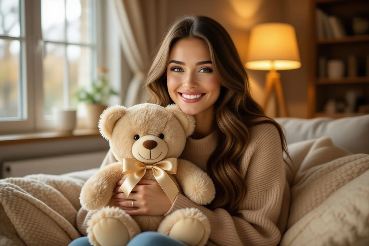 Woman smiling while holding surprise teddy bear gift in cozy home setting
