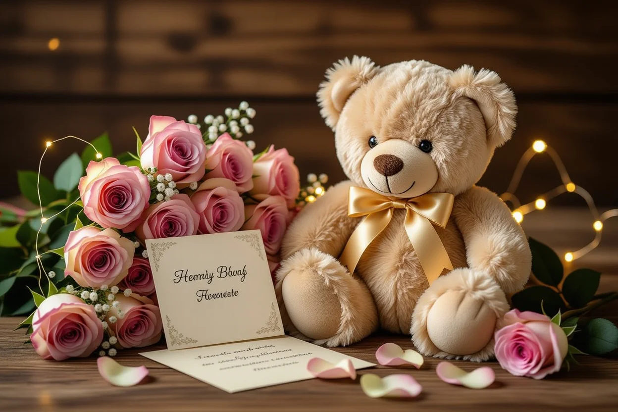 Romantic teddy bear gift arrangement with preserved flowers and fairy lights