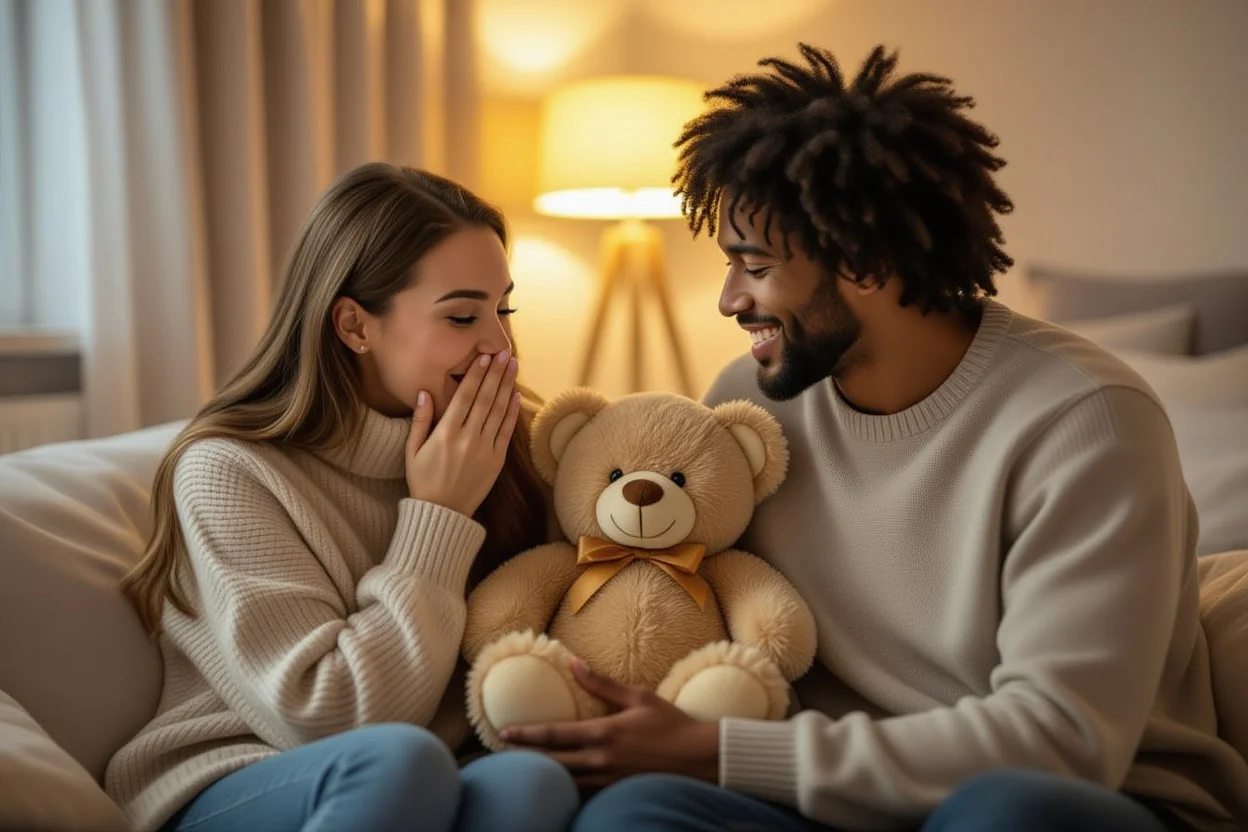 Couple sharing romantic moment as man surprises woman with teddy bear gift
