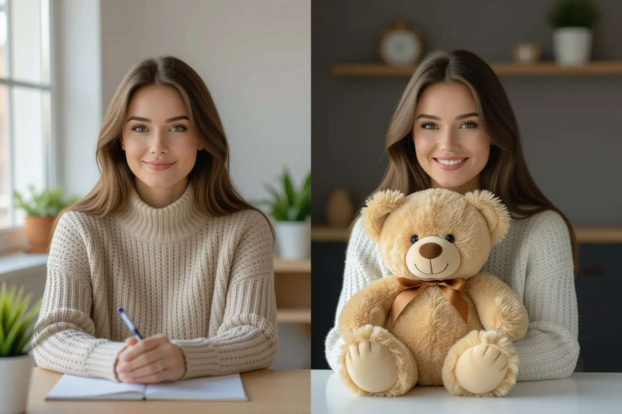 Before and after showing how teddy bear gift transforms ordinary day into special moment