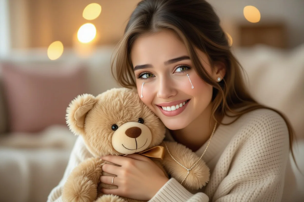 Woman crying happy tears receiving surprise teddy bear necklace gift