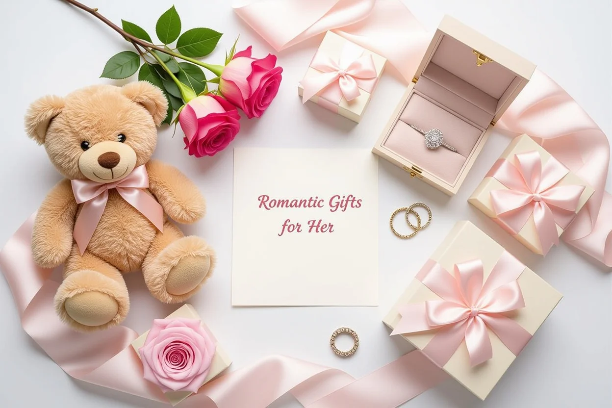Romantic gifts for her flat lay - teddy bear, jewelry, roses, love letters
