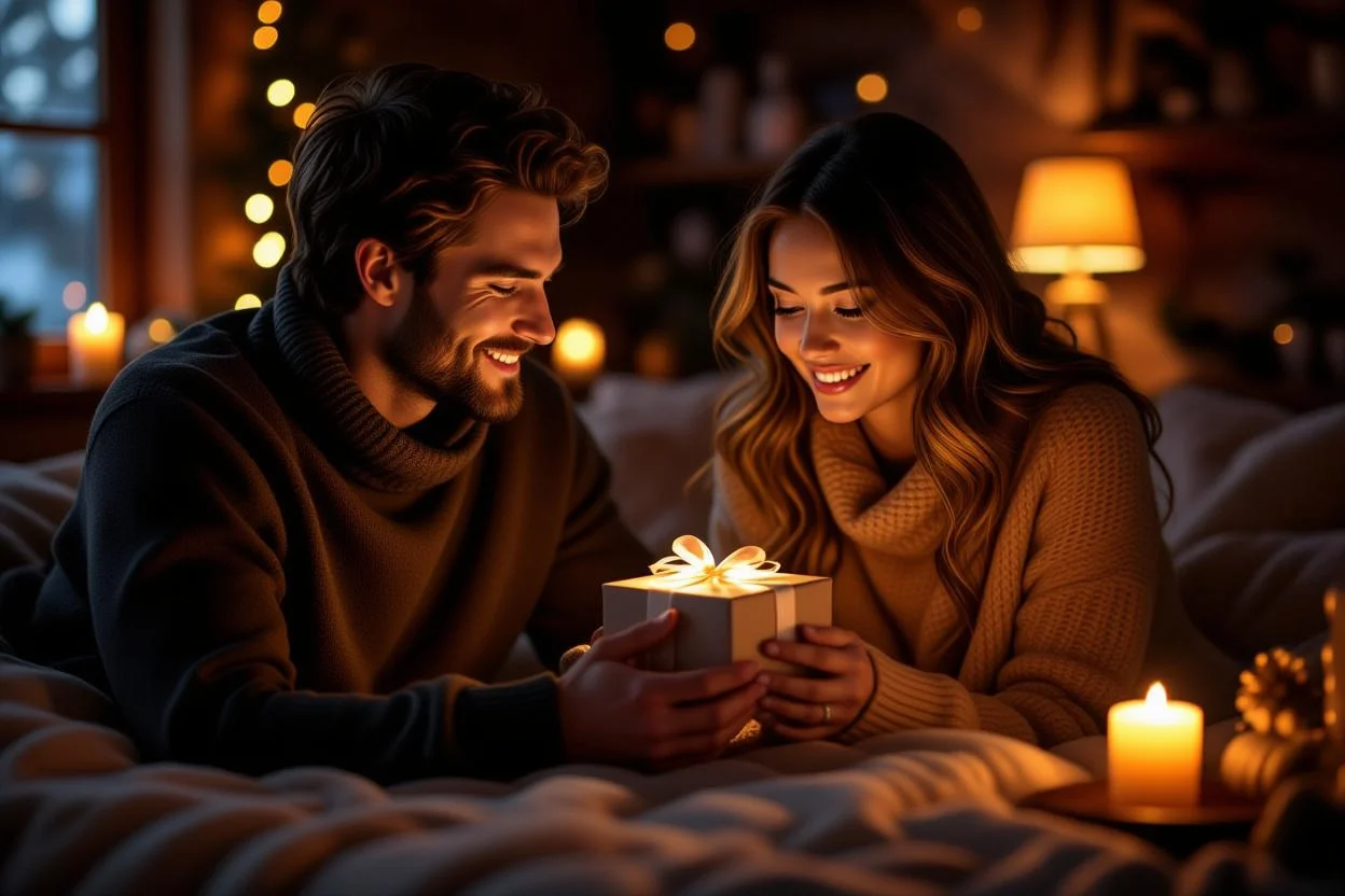 Couple sharing romantic gift moment - surprise gift giving between partners