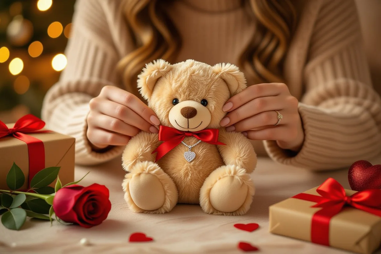 Surprise gift moment revealing hidden necklace inside teddy bear for Valentine's Day