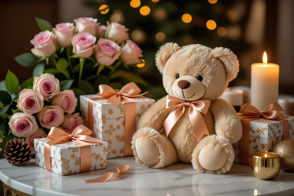 Romantic gift arrangement with teddy bear and luxury presents for anniversary or birthday
