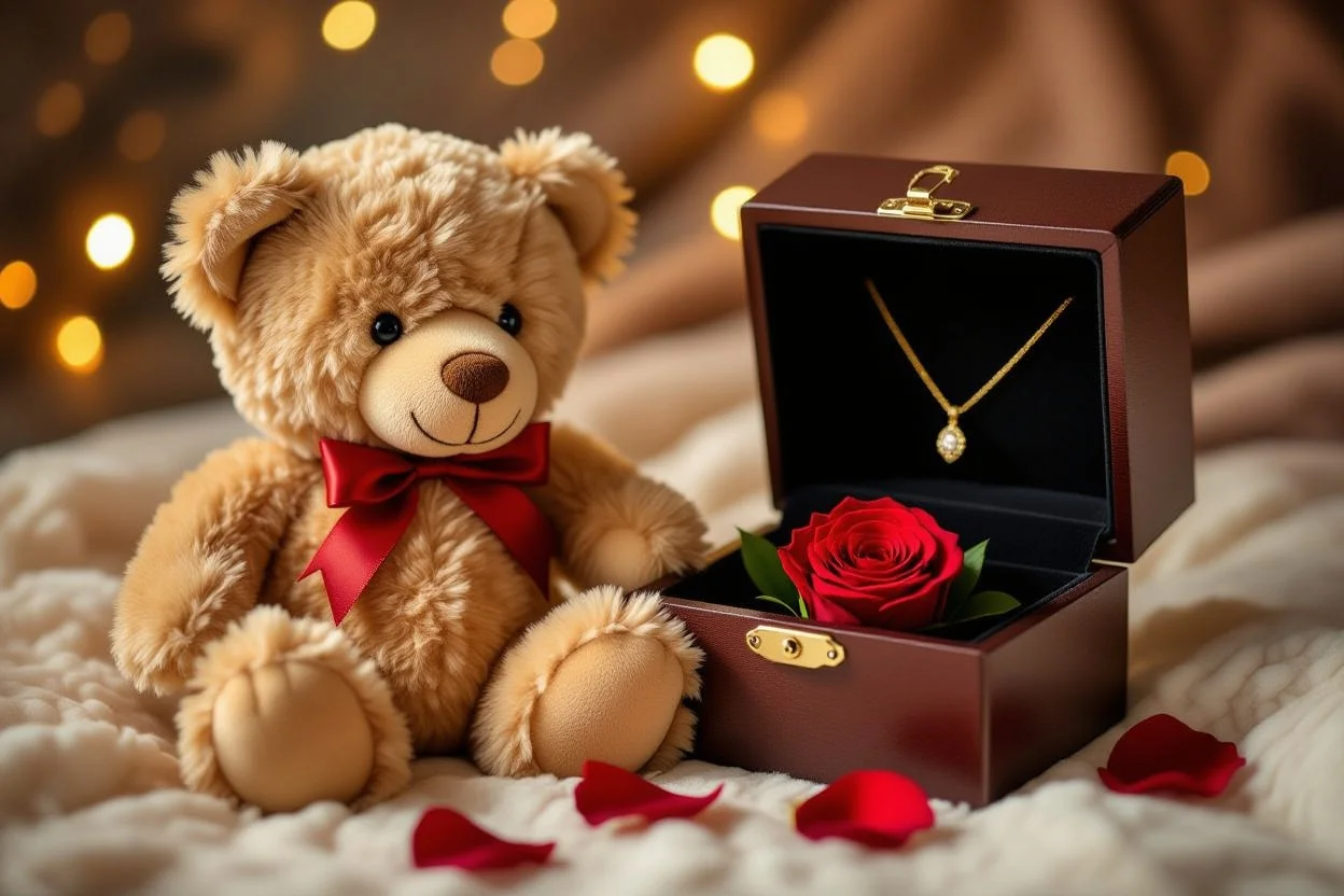 Teddy bear with hidden compartment revealing necklace and preserved rose gift surprise