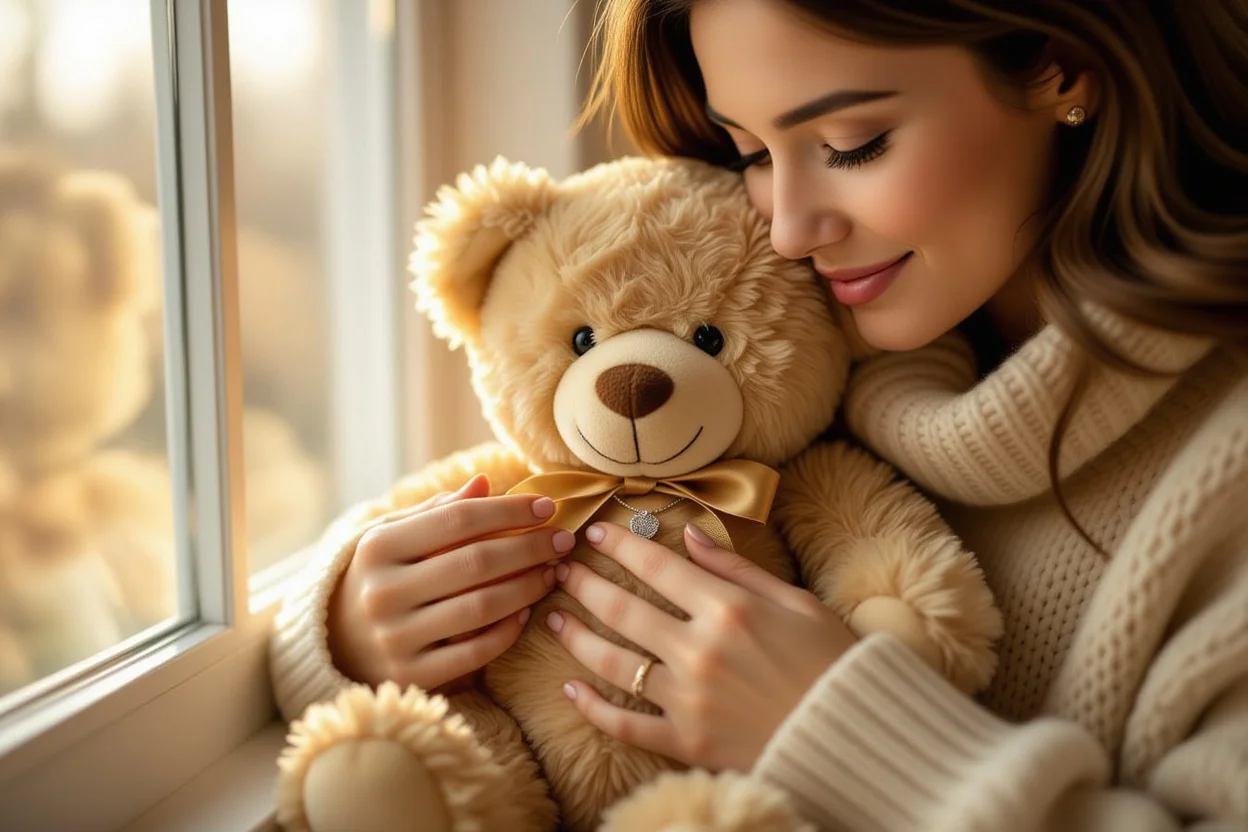 Hands discovering hidden necklace inside surprise teddy bear gift moment