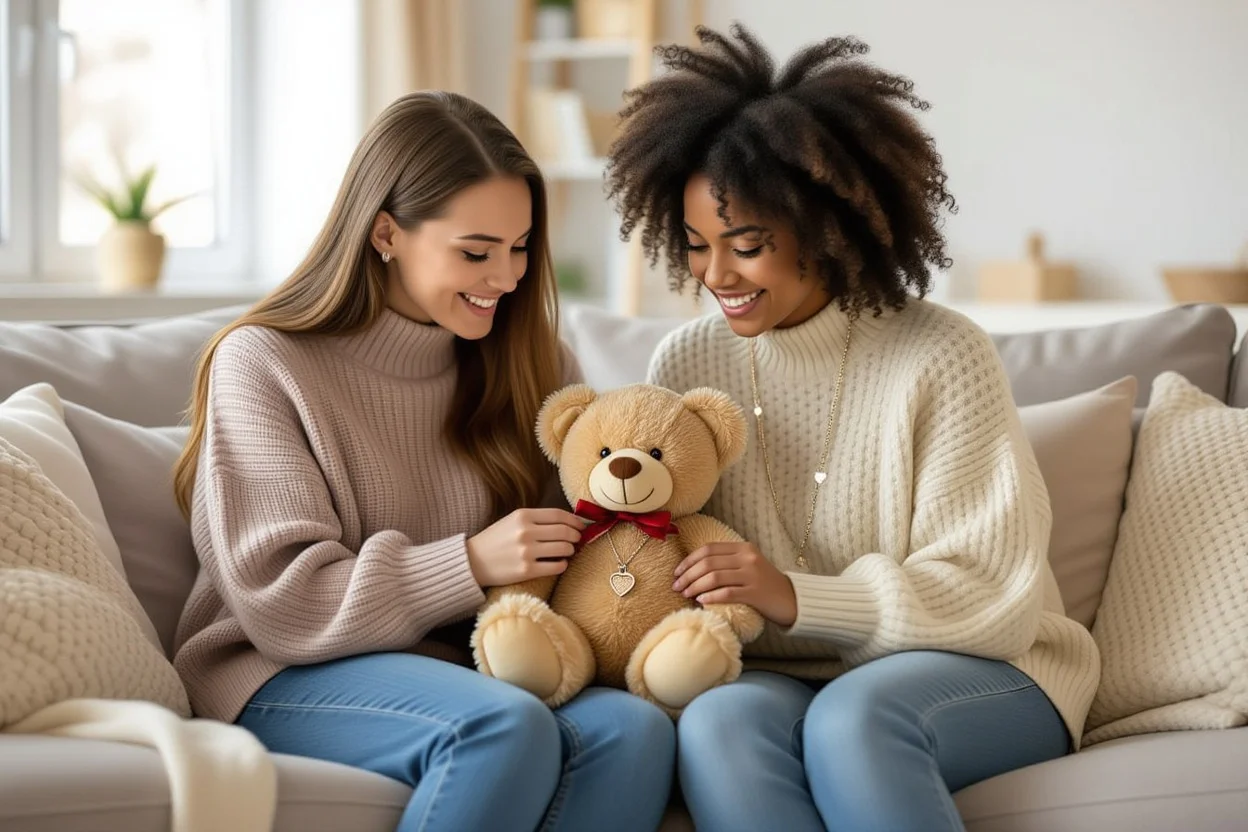 Friends sharing joy over teddy bear surprise gift strengthening friendship bonds
