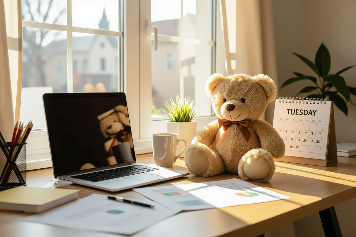 Teddy bear surprise gift placed on office desk for everyday romantic gesture