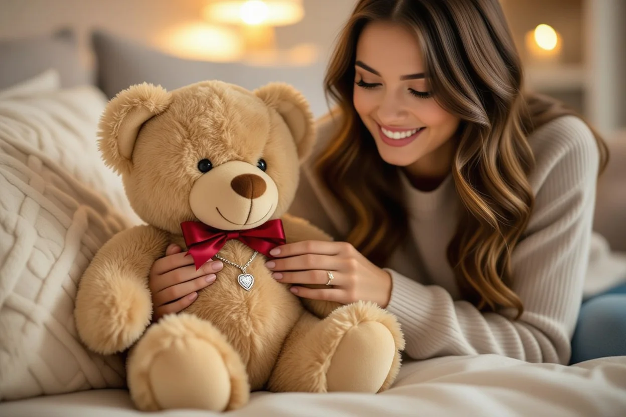 Woman discovering hidden necklace surprise inside romantic teddy bear gift